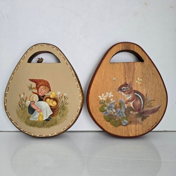 Vintage Hand Painted Wooden Plaques Adorable Chipmunk Girl Ducklings Signed - Picture 1 of 13
